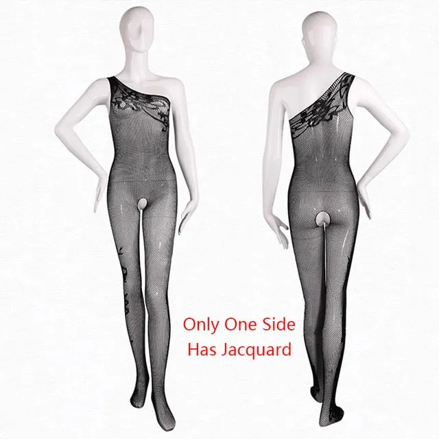 Hot Sale 2017 Transparent Oblique Shoulder Open Crotch Bodystocking Women Black Jacquard Tights Fishnet Pantyhose Sexy Lingerie