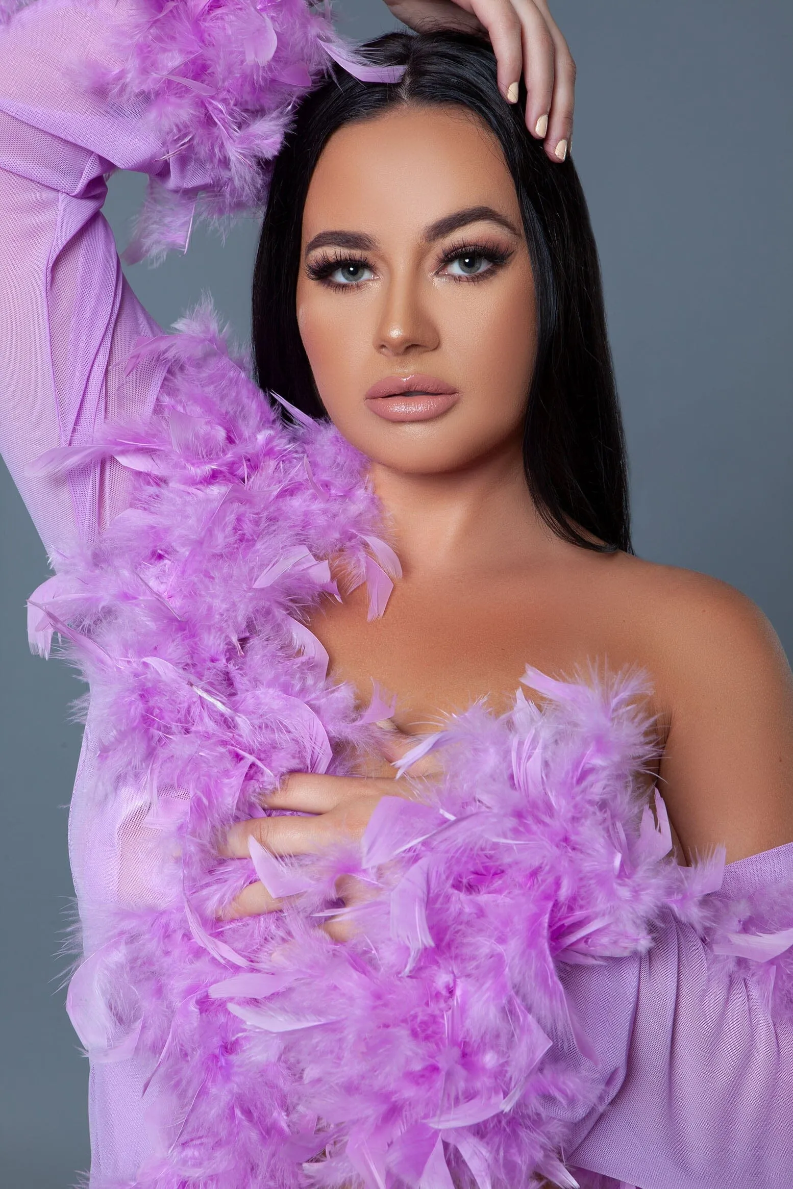 Knee Length Feather Robe With Ribbon Ties
