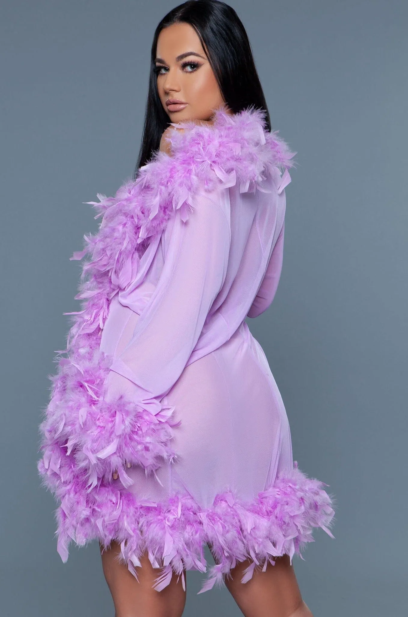 Knee Length Feather Robe With Ribbon Ties
